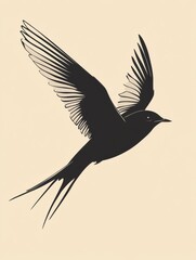 Poster - Elegant black bird in mid flight against a light background showcasing detailed feather patterns. Generative AI