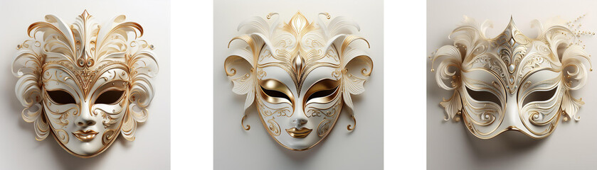 Sticker - Three elegant off-white masquerade masks with ornate details and feathered accents.  They feature unique, stylized designs.