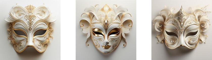 Sticker - Three off-white ornate masks with decorative detailing, displayed against a neutral background.  Each mask features unique, stylized hair or horns.