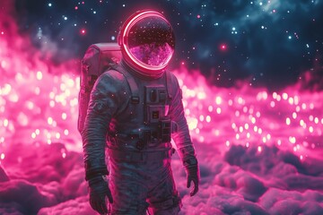 Poster - Astronaut exploring a vibrant cosmic landscape filled with pink nebulae and sparkling stars