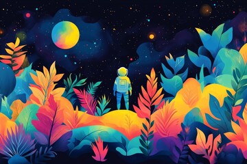 astronaut explores vibrant alien landscape under a colorful cosmic sky at night