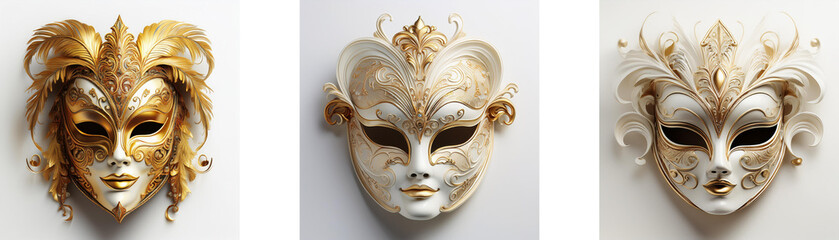 Sticker - Three elegant Venetian-style masks, each with unique headdresses, are displayed.  The masks feature ornate detailing and neutral color palettes.