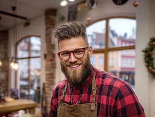 Cheerful young man with beard wearing glasses and plaid shirt in a cozy café with windows and natural light