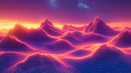 Wall Mural - digital waves in the form of mountains with a mesh texture, shimmering with bright colors, create th