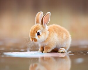 Poster - Cute bunny sits by puddle, autumn leaves background, pet photo