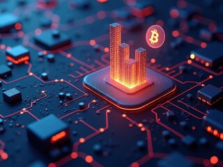 Wall Mural - blockchain technology visualized with glowing data bars and cryptocurrency symbols on a circuit boar