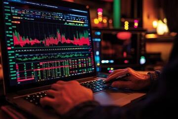 Poster - Traders analyze stock market data on a laptop during evening hours in a modern workspace