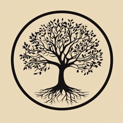 Fototapete - Tree of life design featuring intricate roots and branches in a circular outline at a serene background. Generative AI