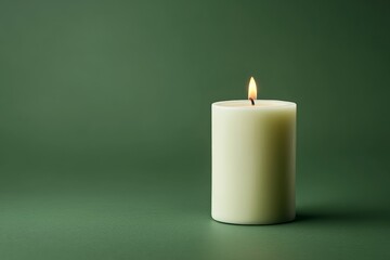 Wall Mural - Simple white candle with a steady flame against a green background