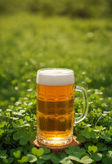 Glass of wheat beer on green clover field background on sunny day. Background for bar, restaurant, pub or beer store. Beer Day, Oktoberfest, St. Patrick's Day celebration for banner with copy space.	
