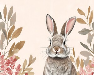 Sticker - Cute rabbit portrait, autumn leaves, pastel background, nursery decor