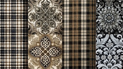 Wall Mural - abstract black and white plaid patterns: four ornate designs for textures and backgrounds