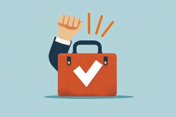 Aufkleber - A simple flat design of a briefcase with a glowing checkmark over it, symbolizing successful employment