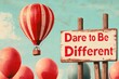 © Thanyarat - A vintage-style poster featuring a single vibrant hot air balloon among muted, uniform balloons, with bold typography reading 'Dare to Be Different'