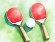 © Digital Artistry Den - watercolor showcasing the textures and vibrant colors of ping pong paddles and ball resting on a green table capturing the essence of this popular indoor sport