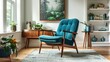 © Tina - Cozy living room featuring a vintage teal armchair, surrounded by plants and artwork