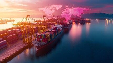 Aufkleber - Futuristic top down view of a shipping port where advanced robotics and coordinate logistics  A holographic world map node network connects global trade hubs
