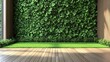 © Planetz - Beautiful interior shot of wooden floor with lush green grass and ivy wall creating a refreshing indoor garden atmosphere for relaxation