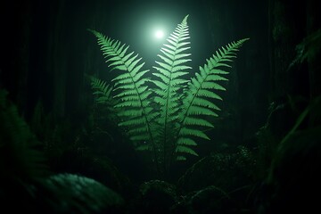 Poster - Illuminated Fern, Forest Night, Nature, Background