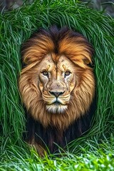 Poster - Majestic Lion in Grass, Zoo Habitat