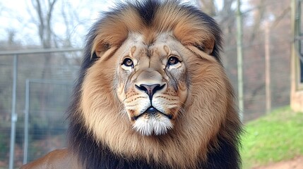 Poster - Majestic lion portrait, zoo enclosure, winter