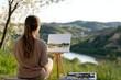 © Milos - A woman artist creates a serene landscape painting near a water body, showcasing her dedication to highlighting the beauty of nature through art and tranquility.