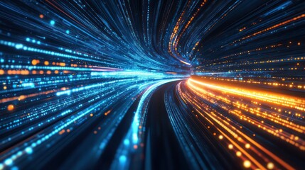 Data stream flowing through digital tunnel, futuristic background, tech concept