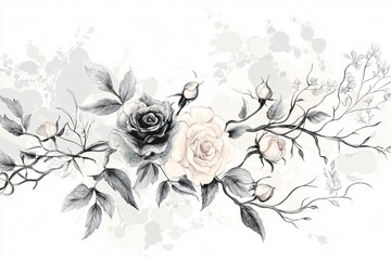 Wall Mural - Elegant floral arrangement featuring black and white roses with delicate branches and soft splashes