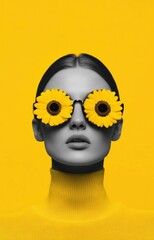 Sticker - Stylish model with sunflower glasses against a vibrant yellow background, showcasing a bold fashion statement, summer vibes, and playful emotions