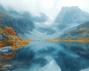  Tranquil Mirrored Lake Surrounded by Rugged Mountainous Landscape in Moody Autumnal Hues