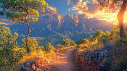 Wall Mural - Serene Mountain Trail Framed by Sun Dappled Trees and Glowing Greenery