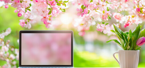 Wall Mural - Bright spring setting with a laptop, flowers, and a plant on a table in a serene outdoor space