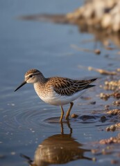 Small sandpiper searching for food in shallow water, water, bird behavior