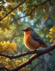 small bird perched on a branch of an oak tree, oak tree, ornithology , orange foliage