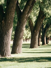 Poster - Sunlit park trees, grassy lawn, background trees