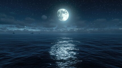 Wall Mural - a full moon casting a soft glow over a calm ocean at night.