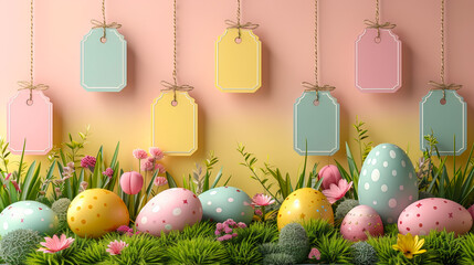 Poster - Colorful Easter egg display with decorative tags and blooming flowers in a vibrant garden setting