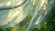 © ALIS ST - Light fabric curtains swaying softly with a garden full of greenery blurred in the background, peaceful setting, no people