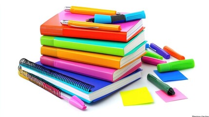 Wall Mural - A vibrant stack of colorful notebooks surrounded by highlighters and sticky notes, arranged neatly on a clean white background, perfect for study or organization