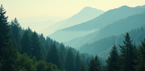  Misty mountain fir forest, vintage faded tones, scenic, majestic