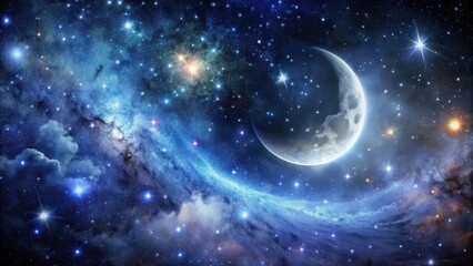 Wall Mural - a celestial canvas of twinkling stars and glowing galaxies set against a velvety blackness, with the