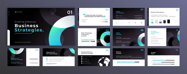 Abstract black powerpoint presentation templates set, modern layout presentation background, banner template, brochure, landing page, company profile, business design package set, vector illustration.