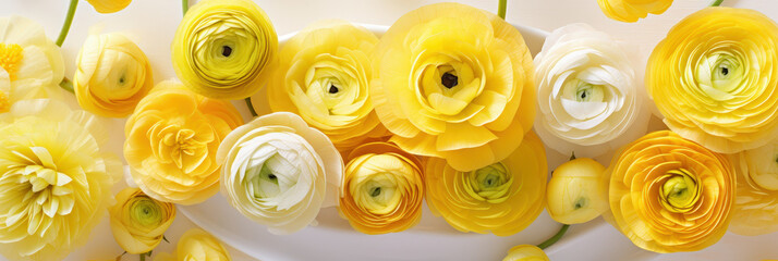 Poster - Bright yellow ranunculus flowers arranged elegantly in a sleek white vase, bringing sunshine to any space