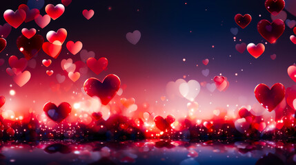 Poster - Colorful hearts float in a dreamy background filled with sparkling light and soft colors during a romantic evening