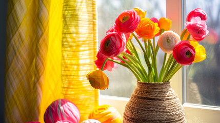 Aufkleber - Colorful flowers in a decorative vase beside a bright window with vibrant curtains
