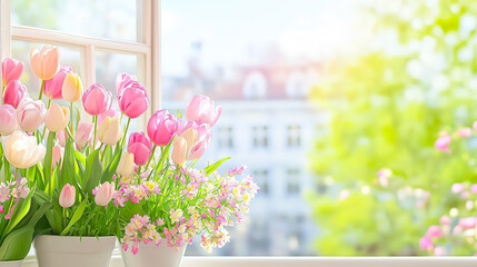 Poster - Colorful tulips and flowers in bright sunlight by the window in a vibrant spring setting