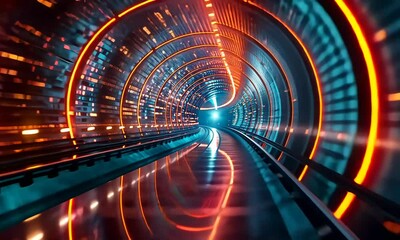 Wall Mural - Camera flight through sci fi corridor with  neon lights. Gaming, technology, sci fi, science concept animation