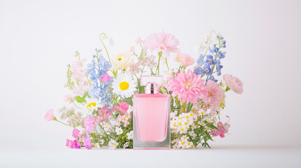 Poster - Floral arrangement surrounds elegant pink perfume bottle on a soft background at a tranquil setting