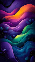 Aufkleber - Colorful abstract waves with leaves create a mesmerizing visual in a cosmic landscape full of stars and vibrant hues