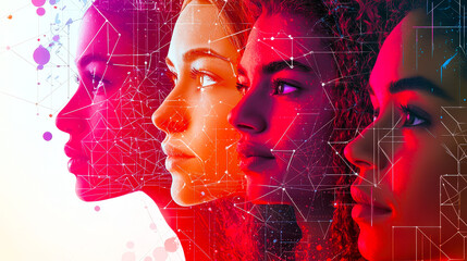 Aufkleber - Diverse styles and expressions represented in a digital art piece showcasing four women facing forward